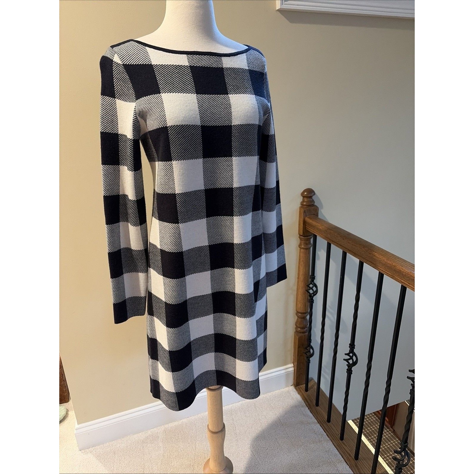 Ann Taylor Sweater Dress Sz Medium Navy/White Buffalo Plaid Wool Blend Nwt $149